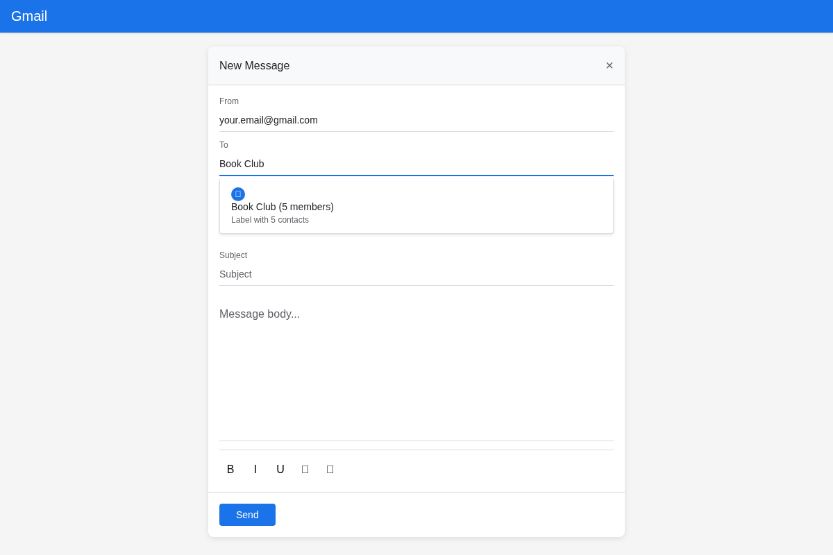 Composing a new email in Gmail addressed to the Book Club contact label