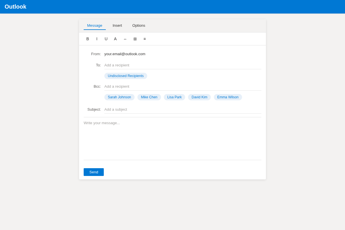 Outlook compose window with BCC field for hidden recipients